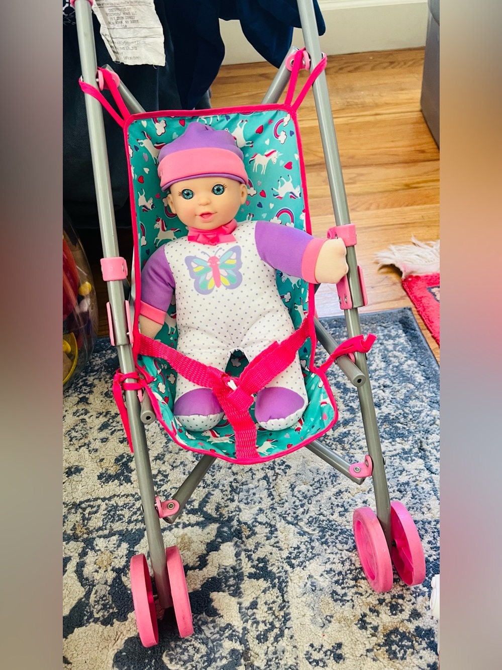 Kids Doll Stroller  toys with Teal Unicorn Print and Pink Trim